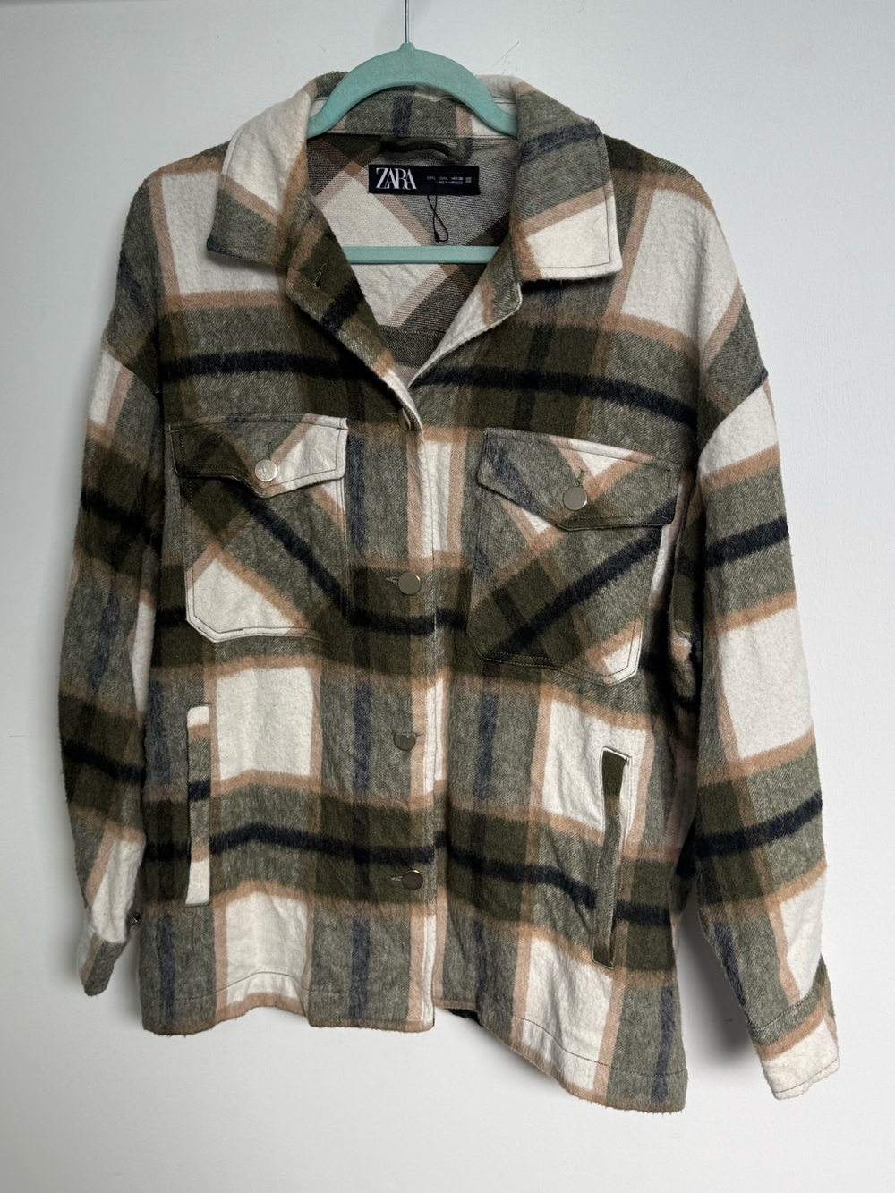 Zara Women's Plaid Button-Up Shacket in Cream, Olive & Brown